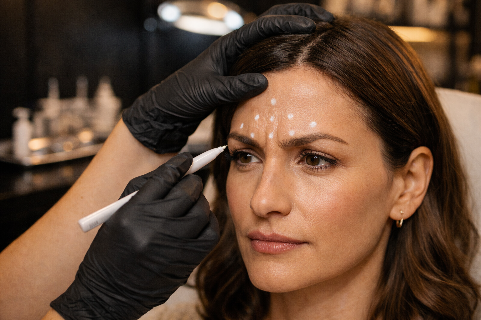 Clinician mapping anti-wrinkle treatment points with precision in a premium Hackney London medical aesthetics clinic, photorealistic, 16:9