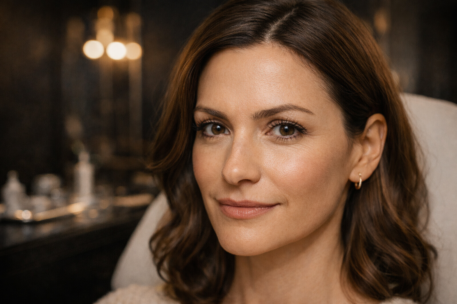 Natural anti-wrinkle treatment result with smooth yet expressive forehead and eye area in soft clinical editorial lighting, photorealistic, 16:9