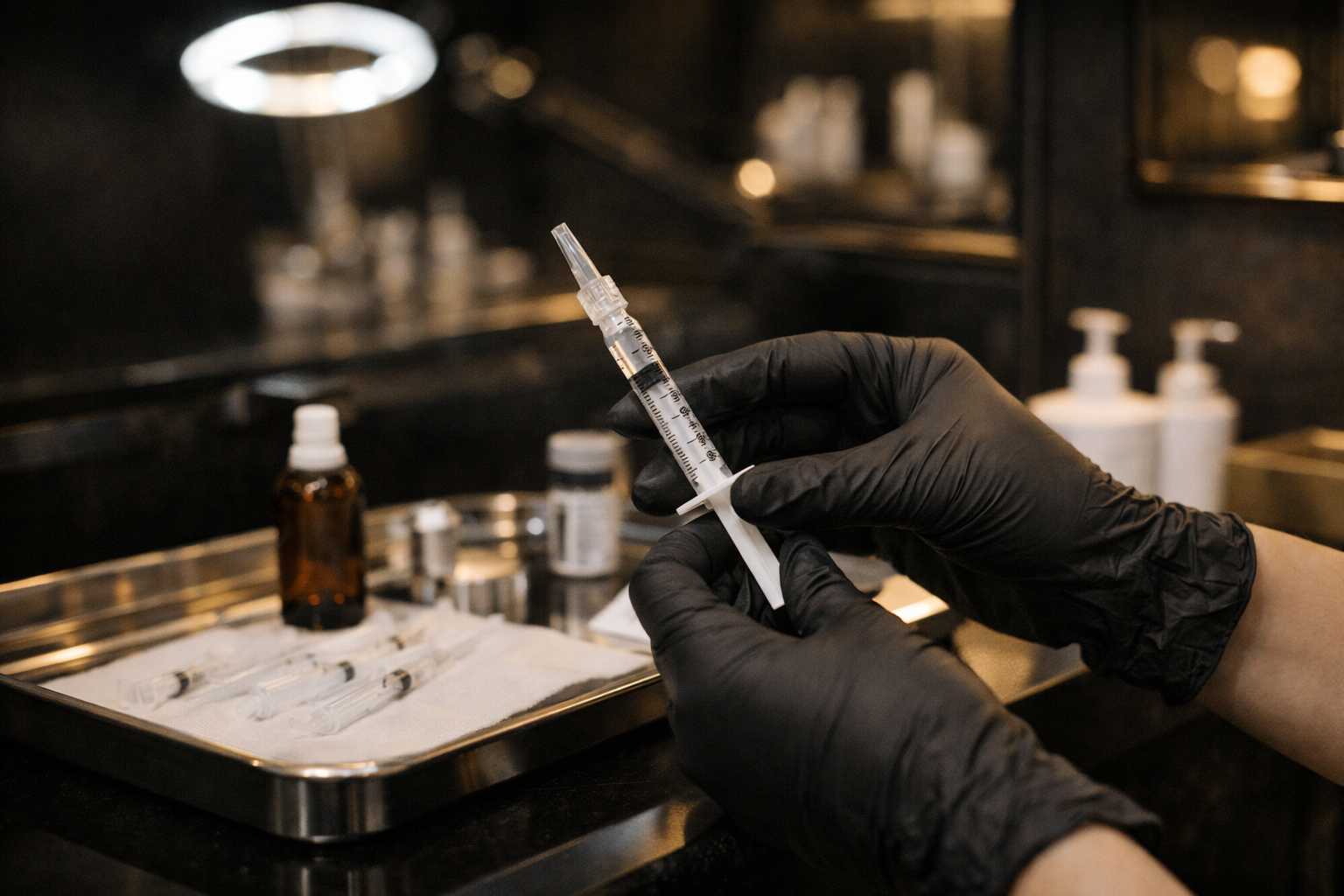 Medical safety setup for anti-wrinkle treatment with sterile tray and prepared tools in a luxury aesthetics clinic, photorealistic, 16:9