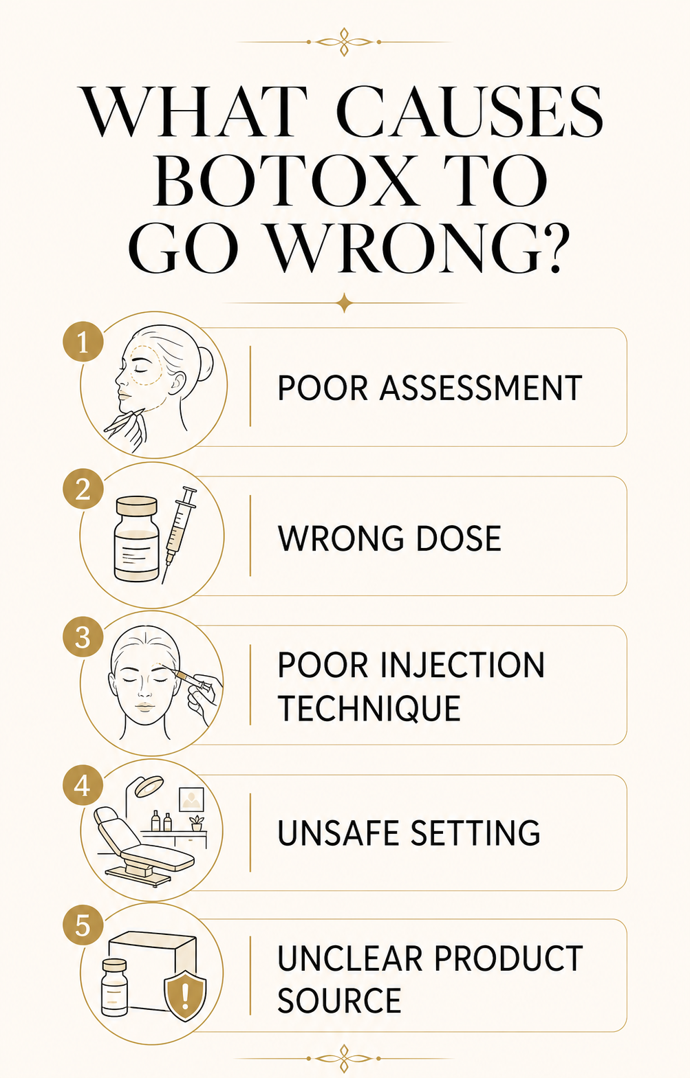 Minimal editorial infographic showing common reasons Botox goes wrong, including poor assessment, wrong dose, unsafe settings, unclear product source, and rushed treatment