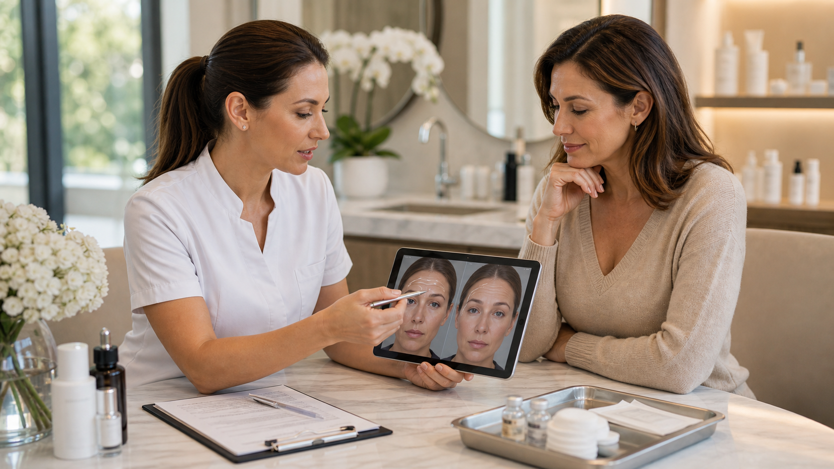 Editorial medical aesthetics consultation image showing a clinician explaining Botox risks, facial anatomy, and realistic anti-wrinkle treatment outcomes to an adult client