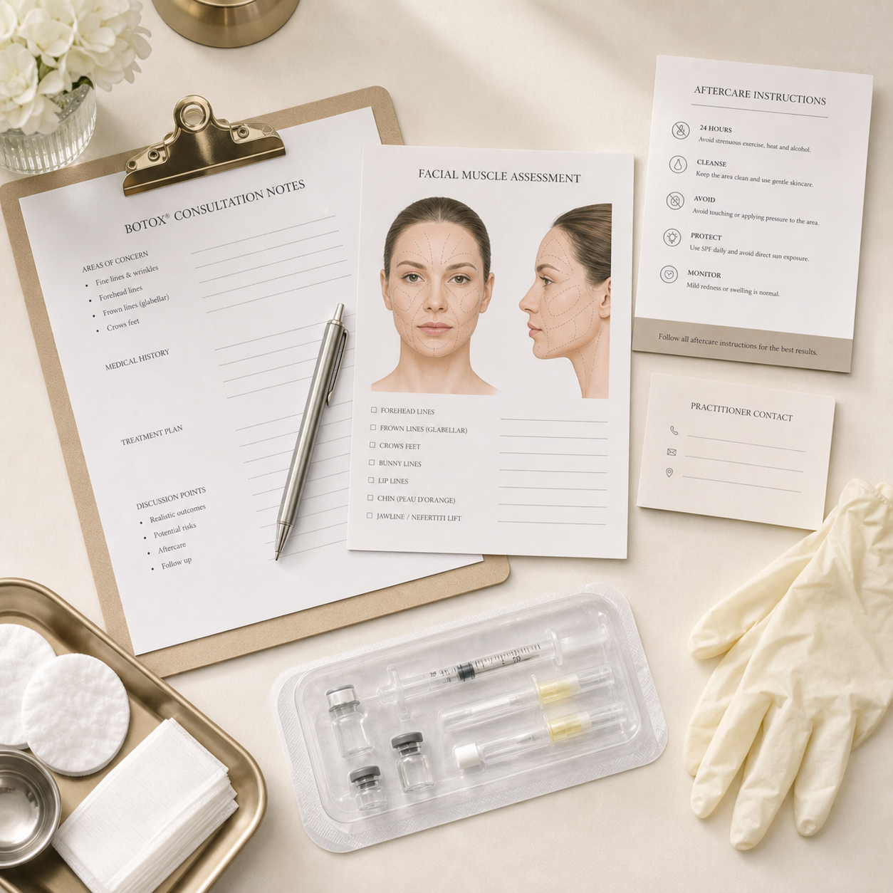Premium flat-lay Botox safety checklist with consultation notes, facial assessment map, aftercare sheet, practitioner contact card, and sterile clinic supplies