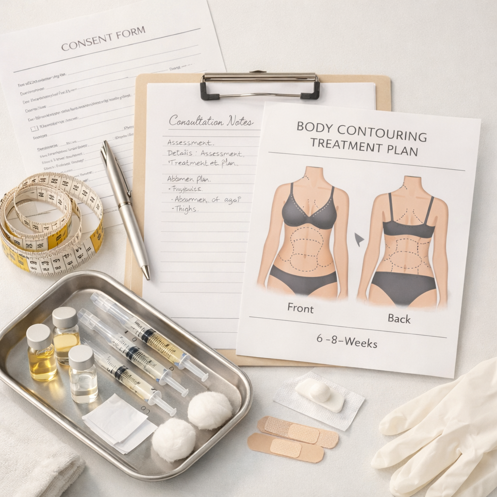 Fat dissolving injections safety checklist with consent form, treatment plan, measuring tape, and sterile clinical supplies