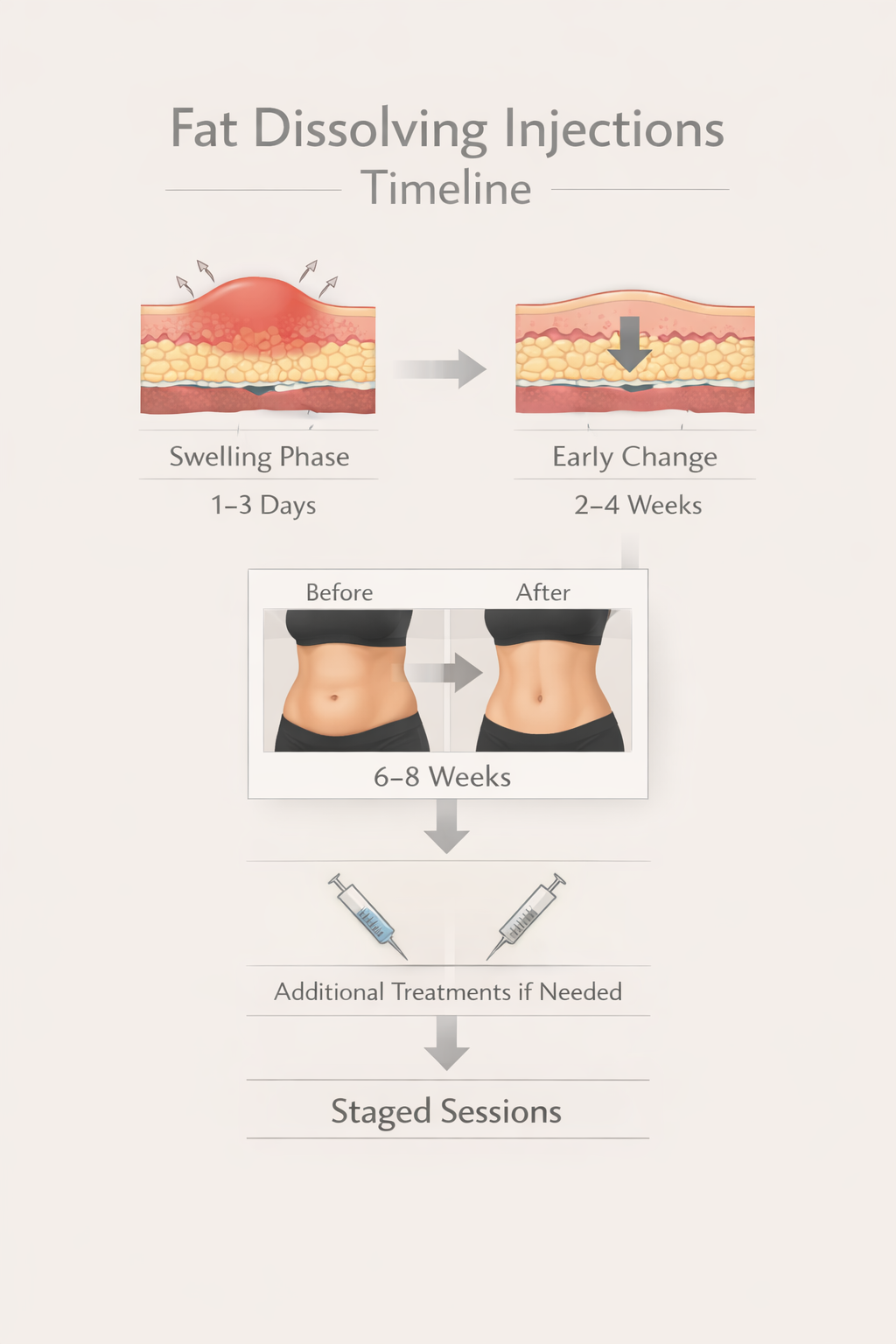 Fat dissolving injections timeline showing swelling phase, early change, six to eight week review, and staged sessions