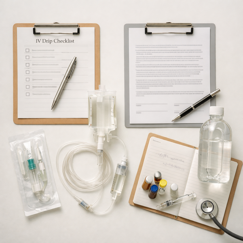 IV drip safety checklist flat lay with consent forms, sterile equipment, hydration bottle, and clinical notes
