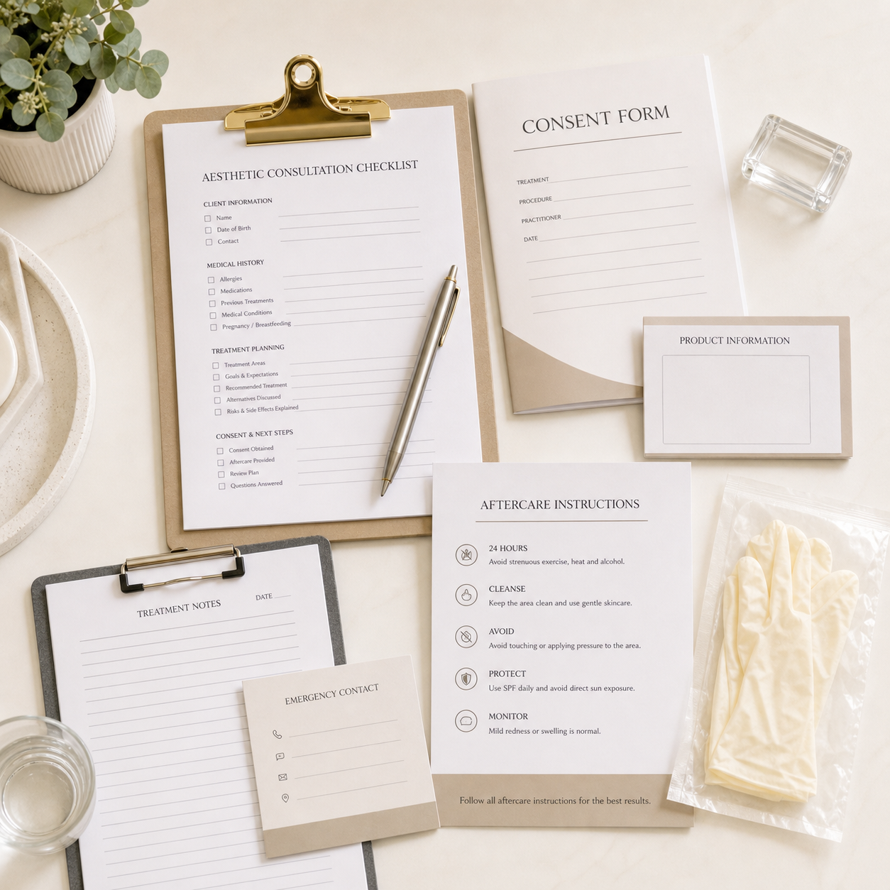Clean medical aesthetics safety checklist showing consultation notes, consent form, product label card, aftercare sheet, and contact details