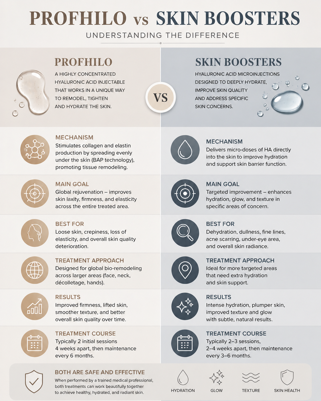 Comparison visual of Profhilo versus skin boosters treatment goals and outcomes